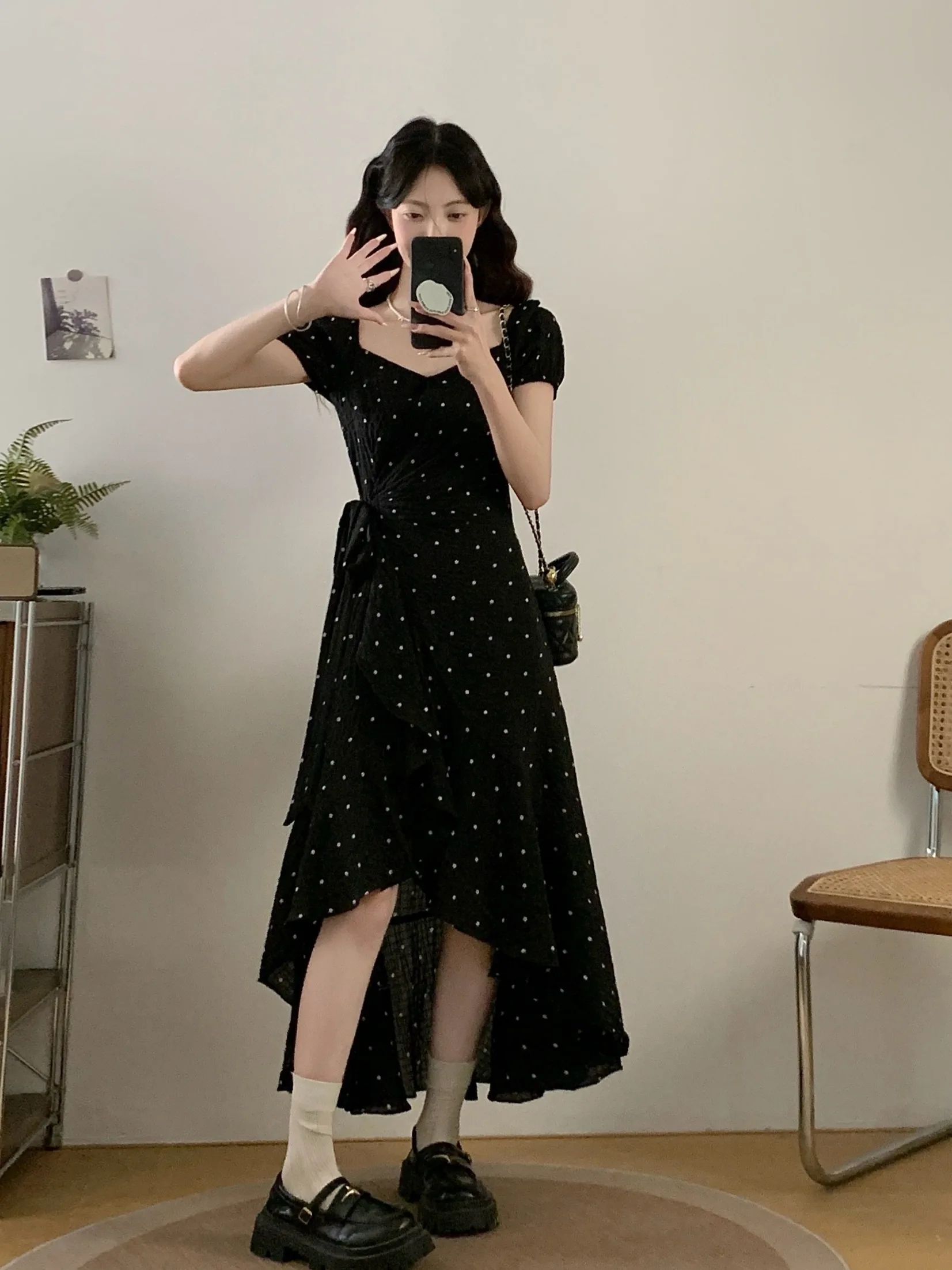 

Новая женская винтажная юбка больших размеров в горошек с пышными рукавами, летняя, с завышенной талией, асимметричная, А-силуэт, с высокой талией, короткая