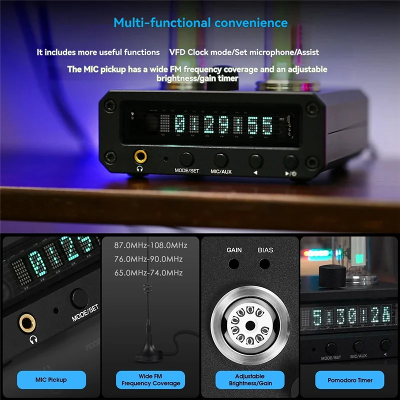 ABSQ-P2-FM Magic 6E2 Preamp Stereo Headphone Amp With Sound Level Indicator FM Radio VFD Clock