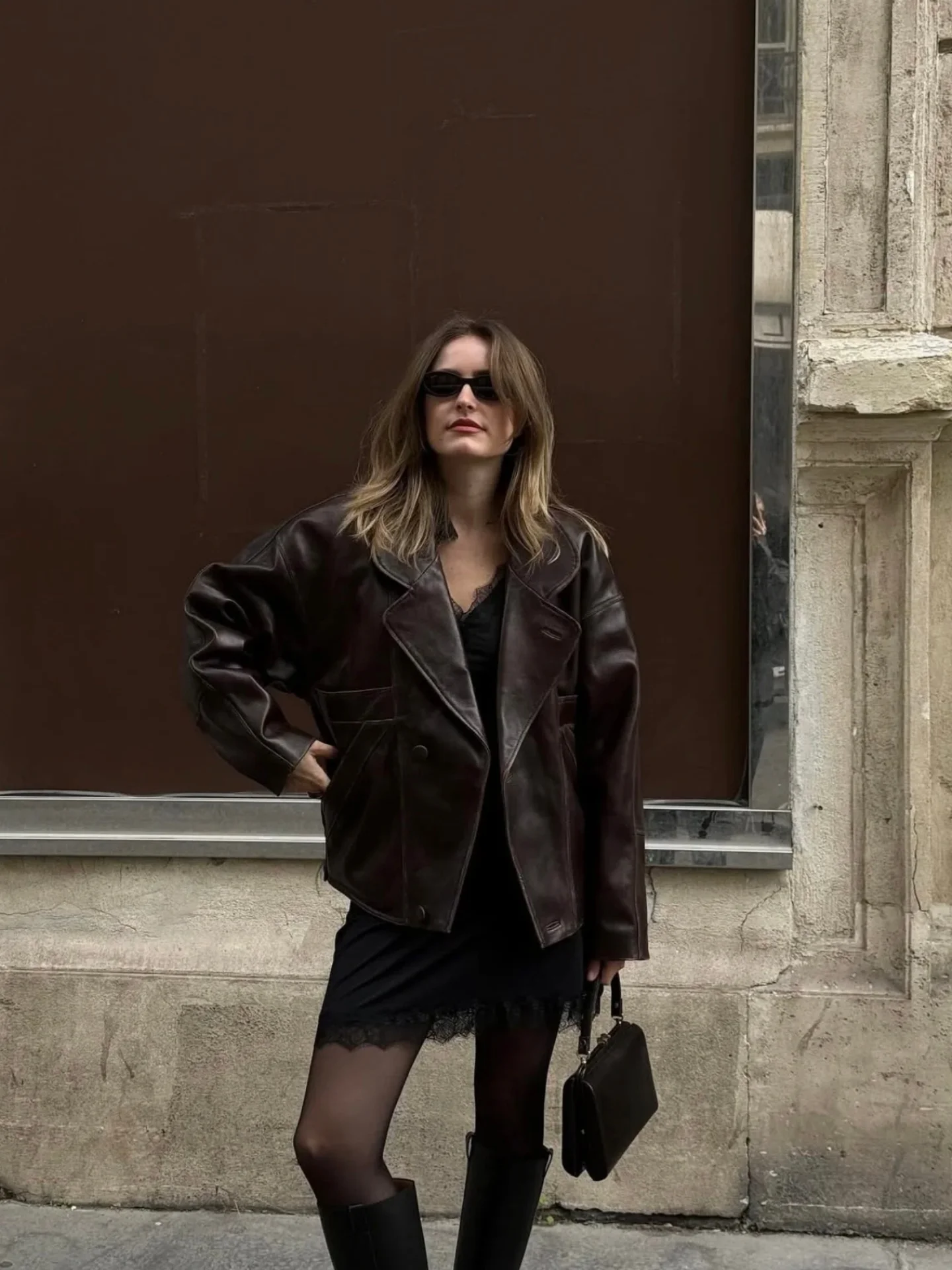 Jaqueta Retro de Couro Sintético com Grande Gola para Mulheres, Casaco de Motocicleta para Outono e Inverno, Comprimento Longo, Fecho de Botão Duplo