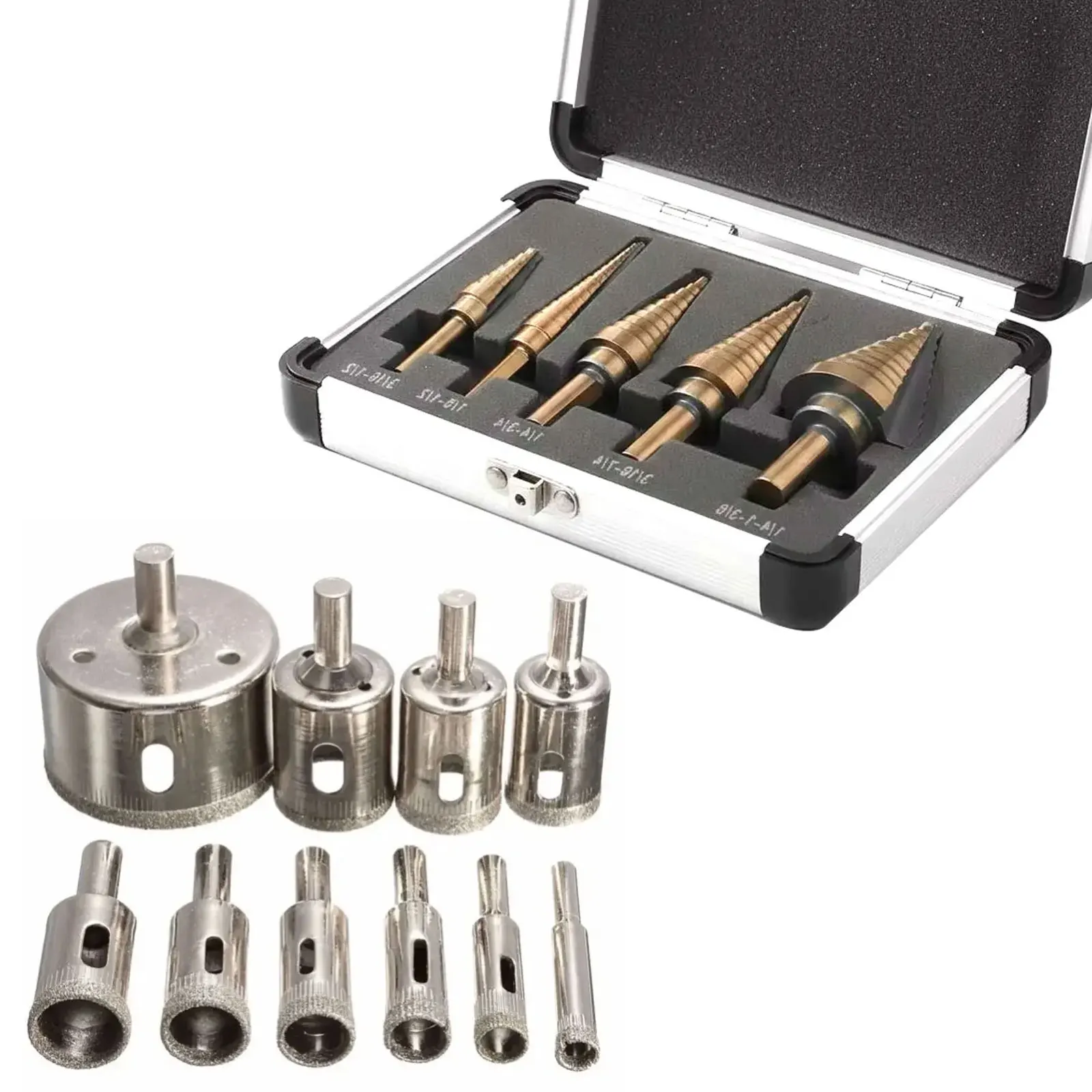 Professional Hard-Surface Drilling Bundle: 10pcs Diamond Drill Bits & 5pcs HSS M35 Cobalt Step Drill Bits (Stainless Steel/Metal/Glass/Tile), High-Performance Hole Cutter Kit, Durable Precision Accessories for Fabrication & Industrial Repair