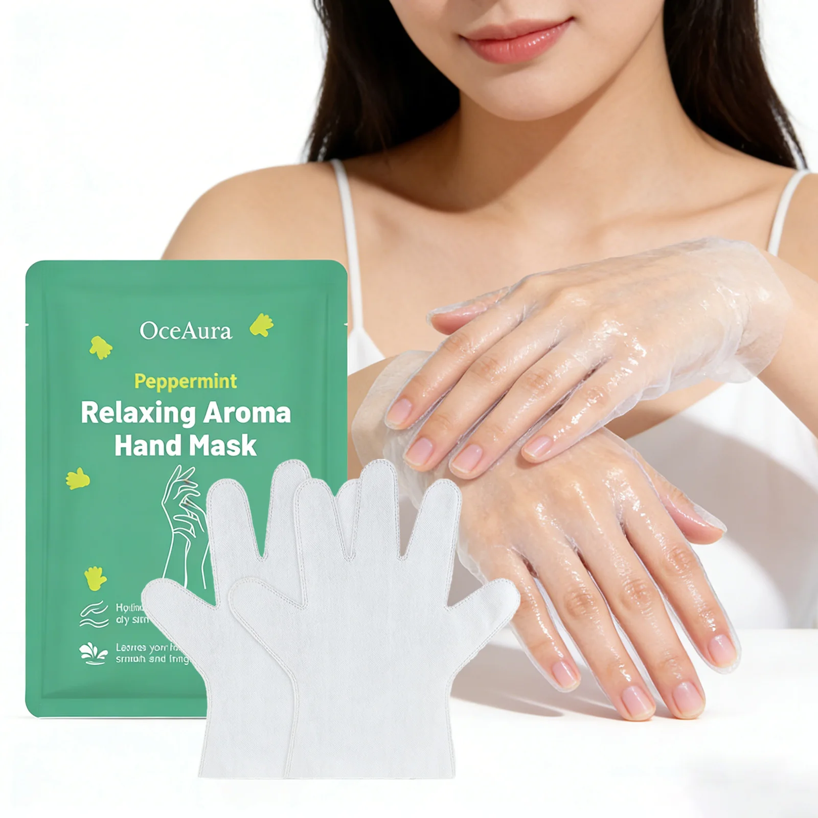 Entspannende Pfefferminz-Aroma-Handmaskenhandschuhe, intensive feuchtigkeitsspendende Behandlung für trockene, raue Hände und Nagelhaut, Home-Spa-Maniküre-Pflege