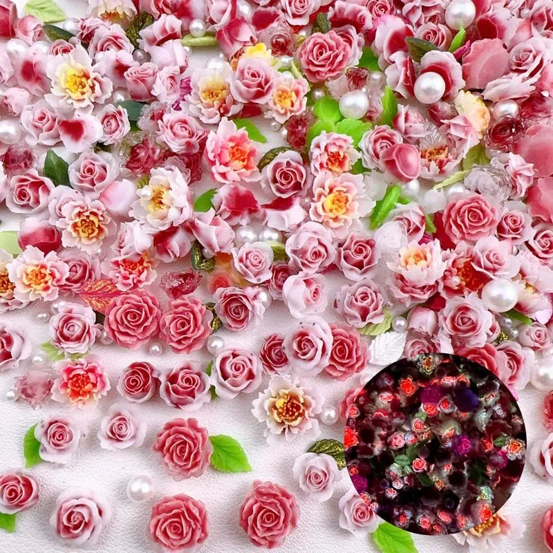 50pcs Random Mixed Resin Nail Charms Leaf Pearl Camellia Rose Flower Nail Art Decorations Accessories Manicure DIY Crafts