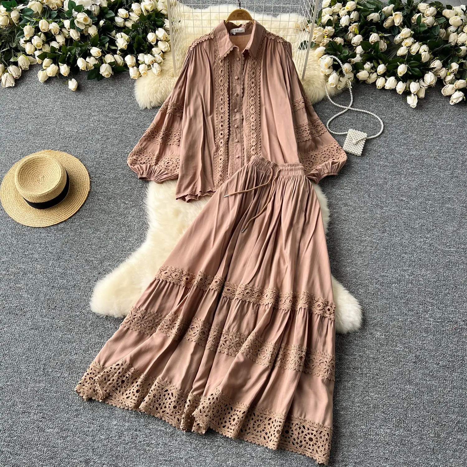 Women Two Piece Sets Skirt Set Lantern Sleeve Turn Down Collar Tops Long Skirts A Line Lace Hollow Out High Waist Elegant Work - view 4