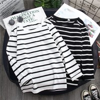 Women Loose Long Sleeve Striped Tee Shirt Spring O-Neck Casual Cotton T-shirt Lady Casual Basic Korean Black White Tops