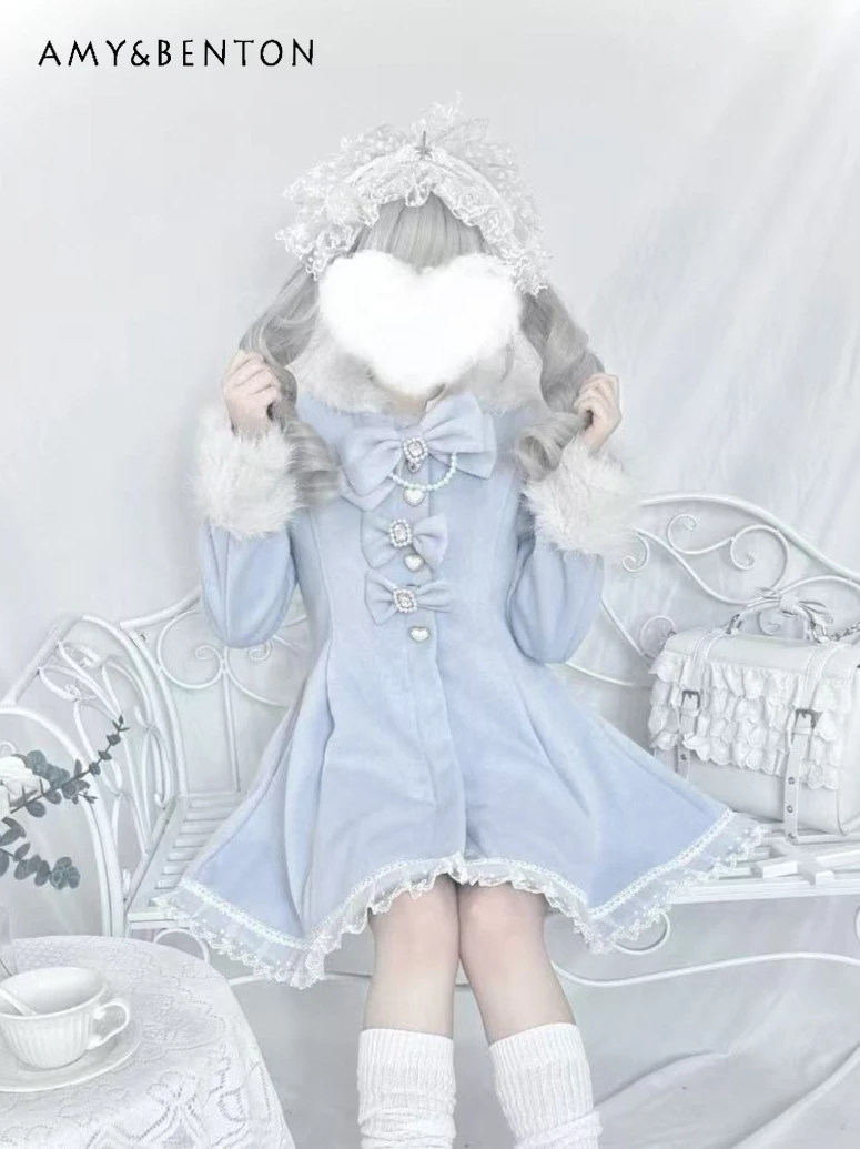 

Mine Series Mass-Produced шерстяное пальто в стиле Лолиты, милое двухслойное утолщенное шерстяное пальто со съемными заячьими ушками и капюшоном, женское зимнее пальто