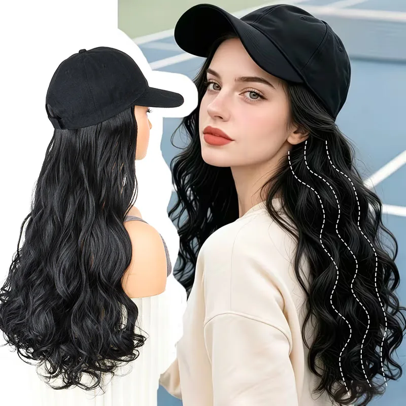 24Inch Synthetic Baseball Cap Wig for Women Black Long Curly Hair Wig Baseball Hat Adjustable Cap Wig for Daily Party