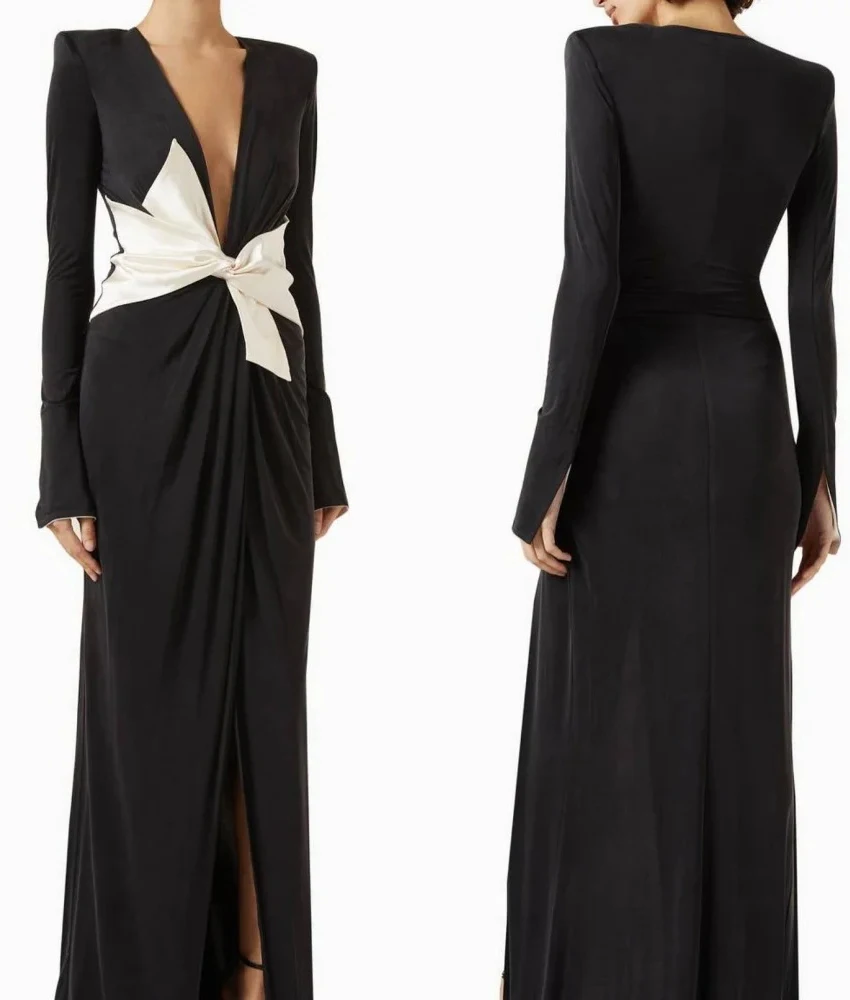 

Сексуальное вечернее платье русалки из джерси по индивидуальному заказу, темпераментное вечернее платье с v-образным вырезом и длинными рукавами, длиной до пола, платья на заказ, индивидуальный размер