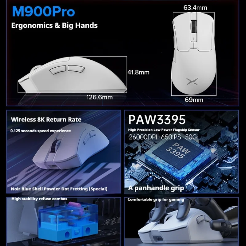 Delux M900Pro PAW3395 Ergonomic Wireless Gaming Mouse 8K Magnetic RGB Charging Dock Rechargeable Wired Mice For Big Hand PC