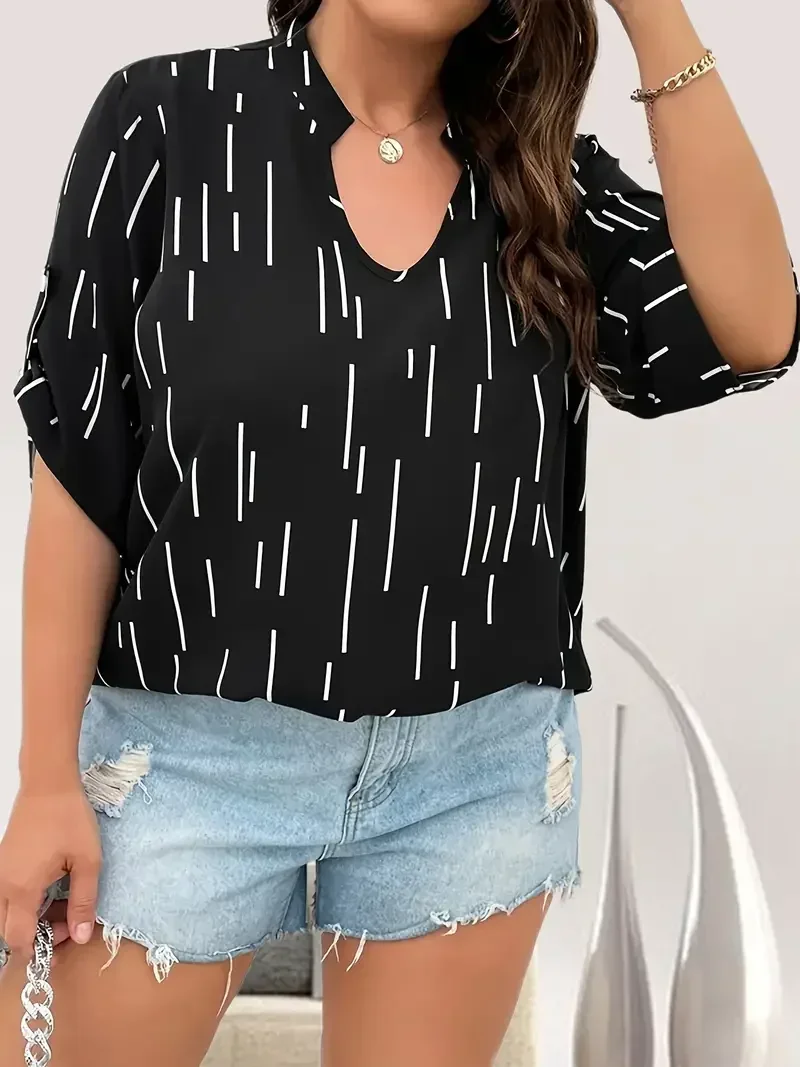 

Women's New Plus Size 1XL-5XL Fashion Striped V-Neck Blouse Ladies Spring Casual Short Sleeve Top Flattering Fit Shirt