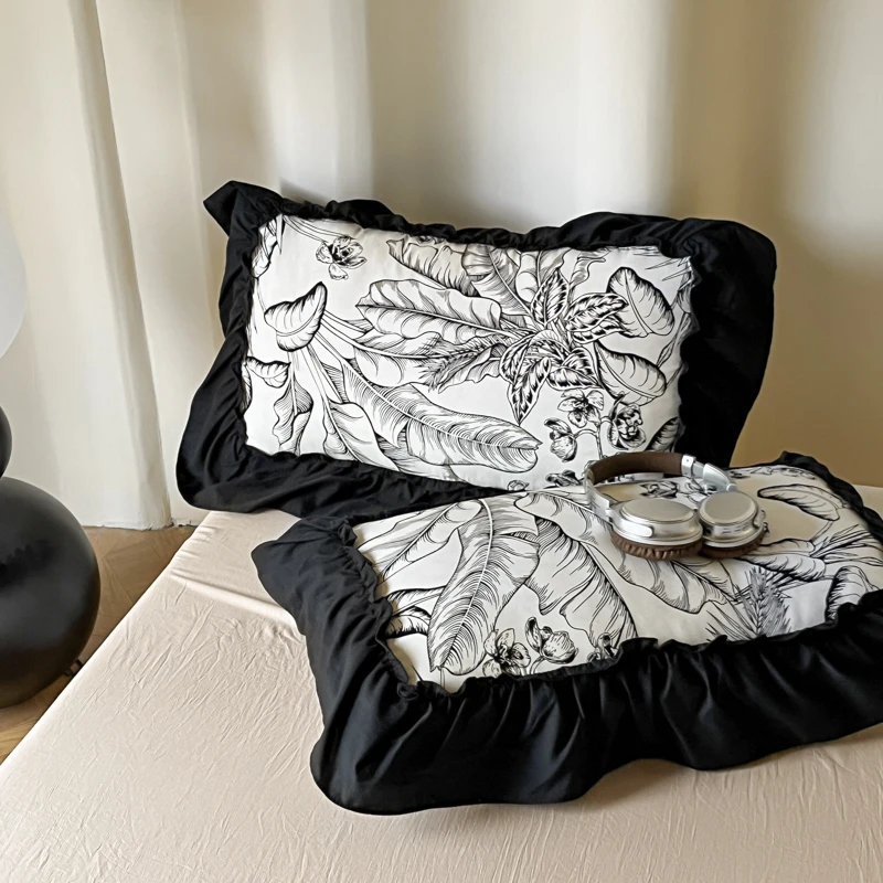 2/3PC French Vintage Black Ruffles Duvet Cover Set, With Pillowcases, Nordic Luxury Flowers Plant Quilt Cover Set, Bedding Set