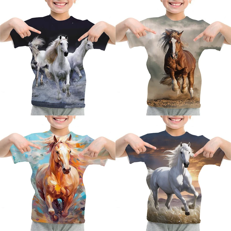 

Running Horse 3D Print Boys T-shirt Colorful Children's Short Sleeve Summer Kids Casual T shirts Girls Tee Shirt Kids Clothing