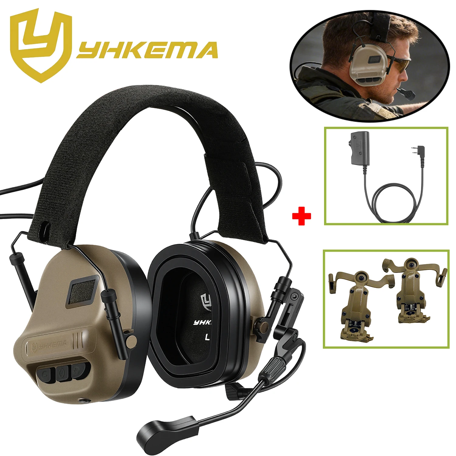 YHKEMA E70 Shooting Earmuffs Tactical Noise Reduction Headset with Helmet ARC Rail Adapter with Kenwood PTT Adapter