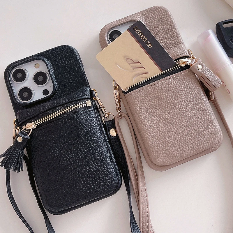 

Wallet Shoulder Strap Phone Case for iPhone 16 Pro Max 13 12 11 14 15 Pro Max 16 Plus Lady Leather Card Pocket Lanyard Cover