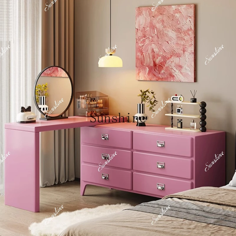 Dresser, chest, cherry blossom powder, dopamine, solid wood makeup table, bedside storage integrated  FT