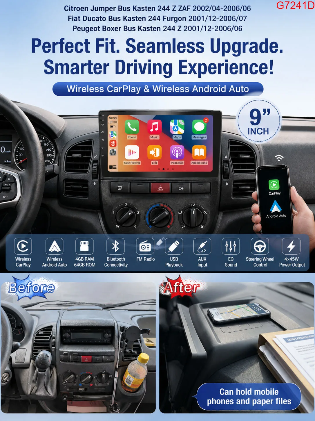 4+64 Android Auto Car radio Carpaly GPS Navigation+HD Reverse camera For Fiat Ducato/Citroen Jumper/Peugeot Boxer Bus Kasten 244