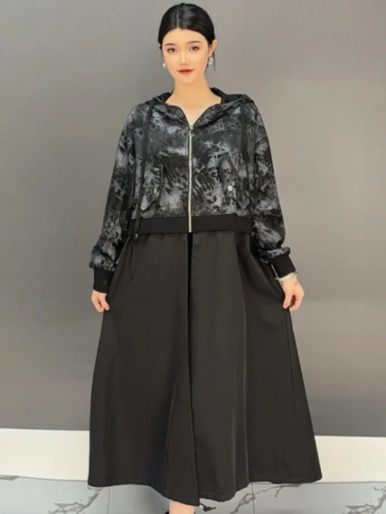 

Vefadisa 2024, осенний новый черный женский плащ с принтом, лоскутный индивидуальный модный плащ с капюшоном и длинными рукавами ZXY1190A