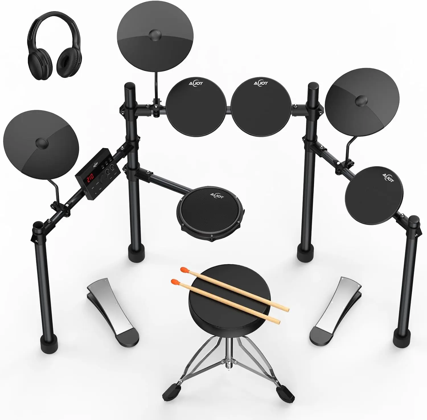 Beginner Electronic Drum Kit with 210 Sounds, 4 Quiet Drum Pads, 10-Inch Cymbals, Headphones, 2 Pedals, Drum Throne and Sticks, Electric Drum Set Gift for Kids and Adults