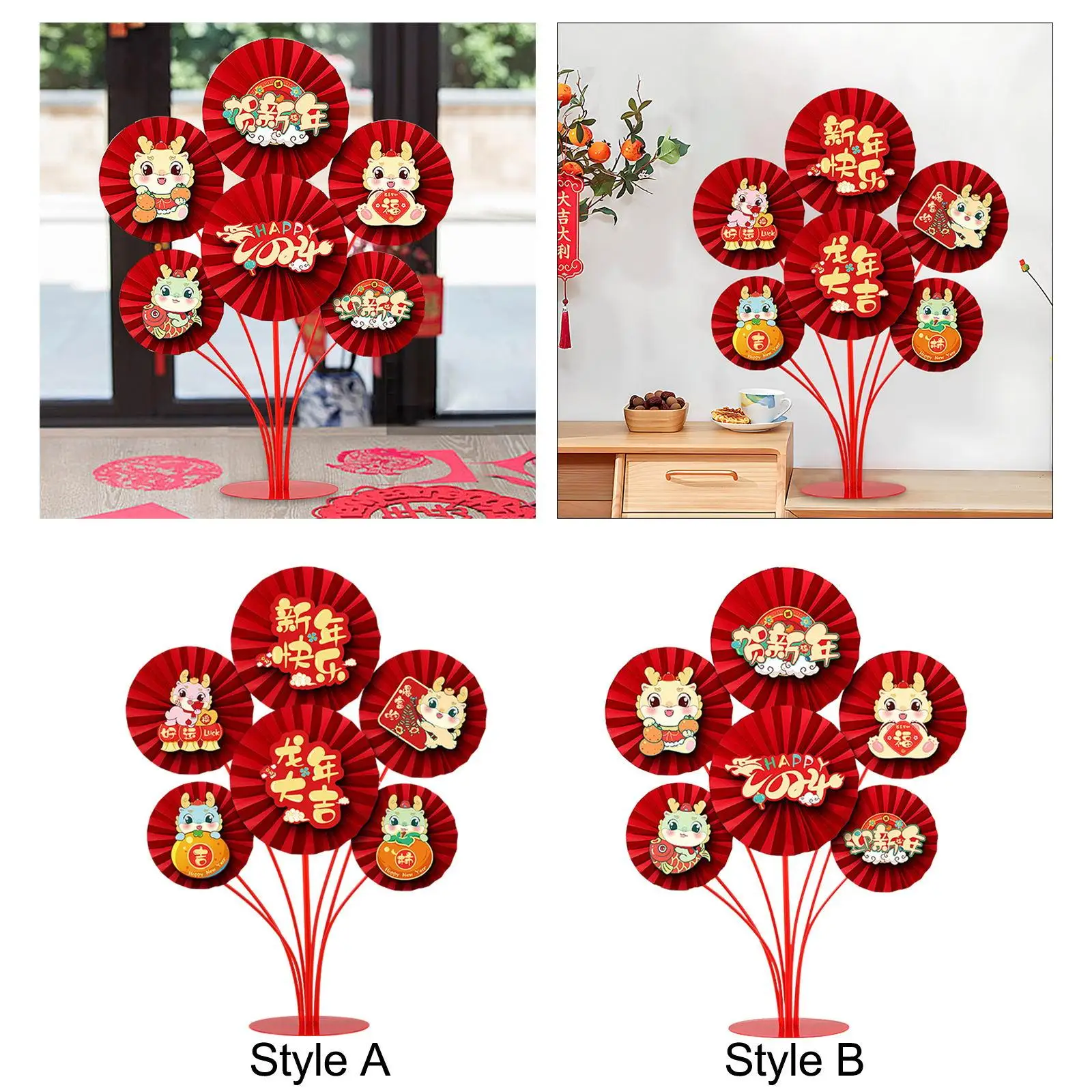 2024 Chinese New Year Decorations Blessing Characters Paper Fan Statue