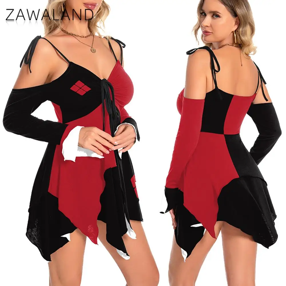 

ZAWALAND Sexy Dress for Women Halloween Clown Irregular Halter Dress Female Party Fancy Dress Cosplay Costumes