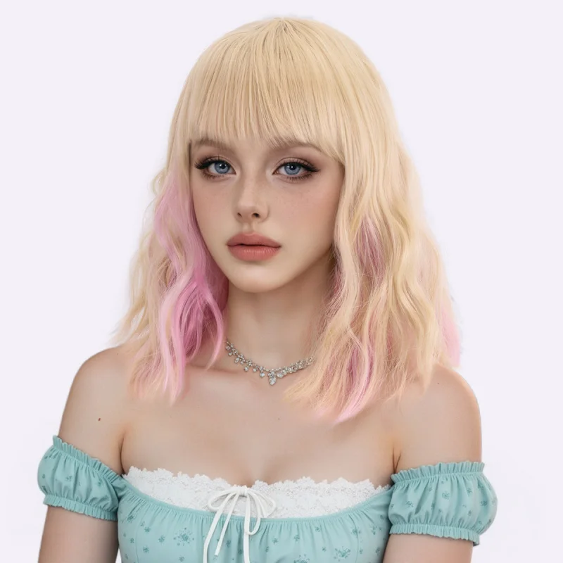 Korean and Japanese style women's wavy medium-long curly hair wig made of high-temperature fiber Blue Wigs