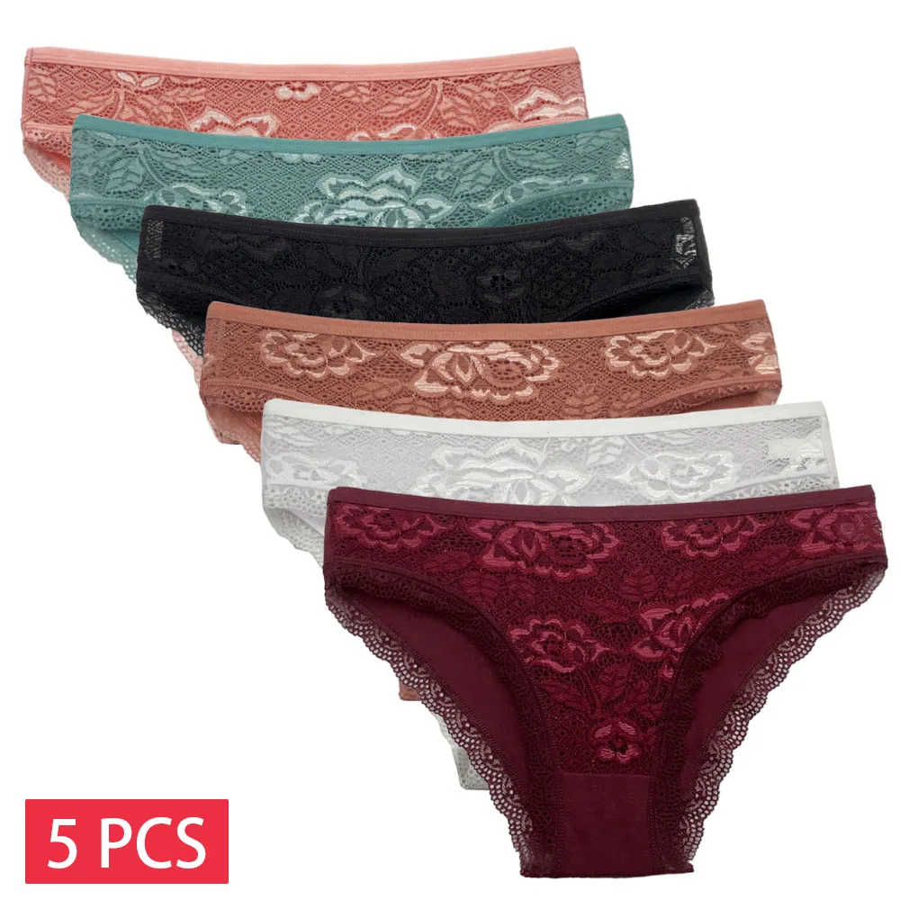 5 PCS/Set New Arrival Sexy Low-rise Underwear Soft Underpants Solid Color Lace Transparent Women Cotton Briefs Ladies Panties