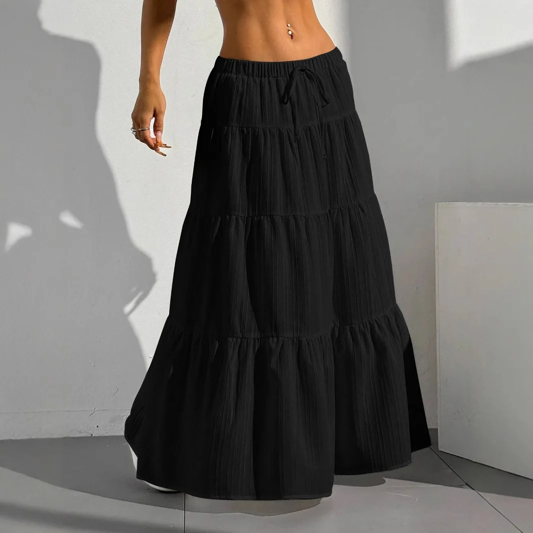 유행 여성의 느슨한 롱 스커트 흰색 단색 기본 레이스 업 보우 2025 케이크 스커트 캐주얼 스위트 오피스 여성 의류