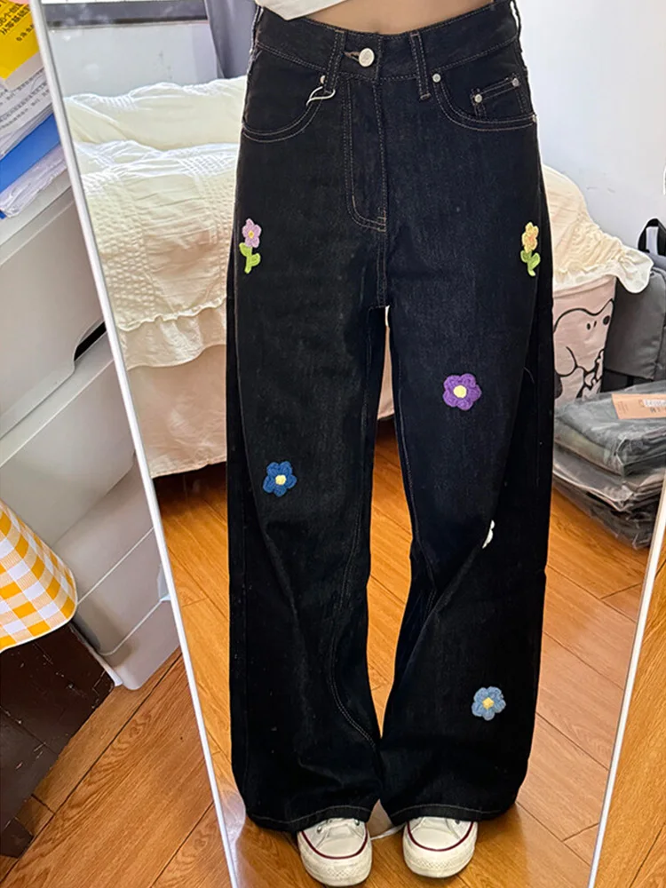 

Джинсы с цветочной вышивкой, широкие штанины, прямой крой, с высокой талией, для мужчин и женщин, в американском уличном стиле