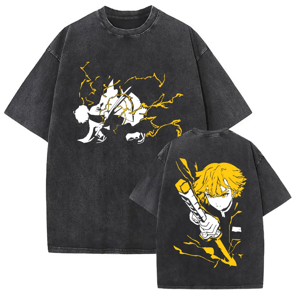 

Washed Vintage Anime Demon Slayer Agatsuma Zenitsu Graphic T-shirt Men Women Fashion Casual Oversized Short Sleeve T Shirts Tops