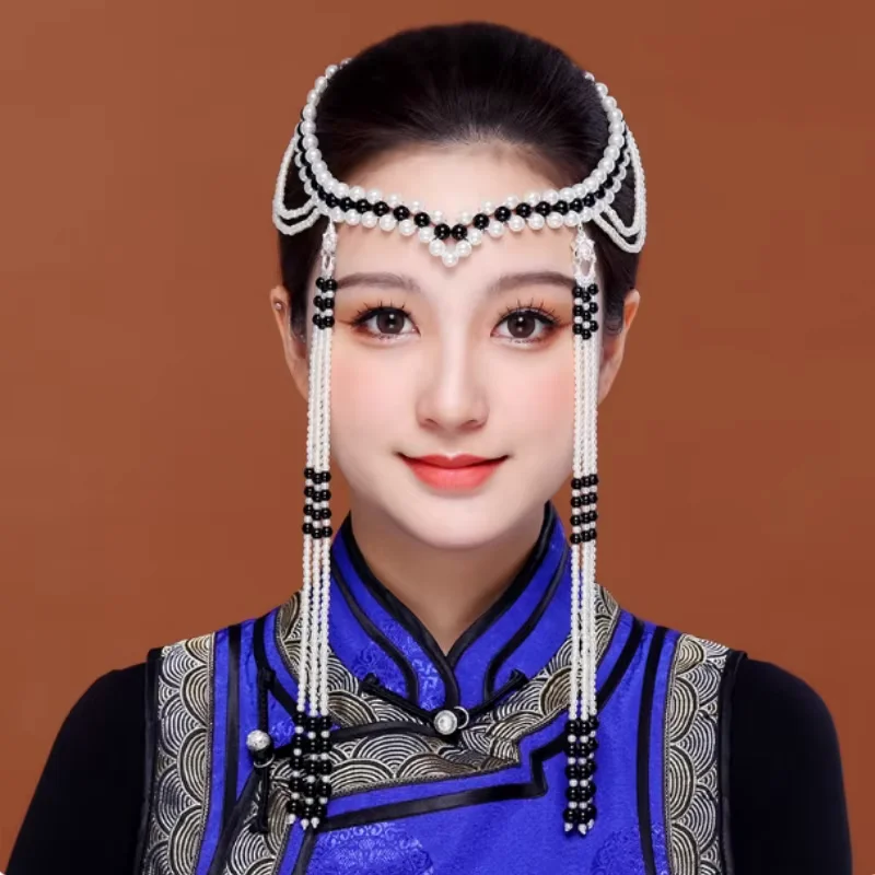 Mongolian Ethnic Style Handmade Bead Long Tassel Headwear Dance Performance Accessories
