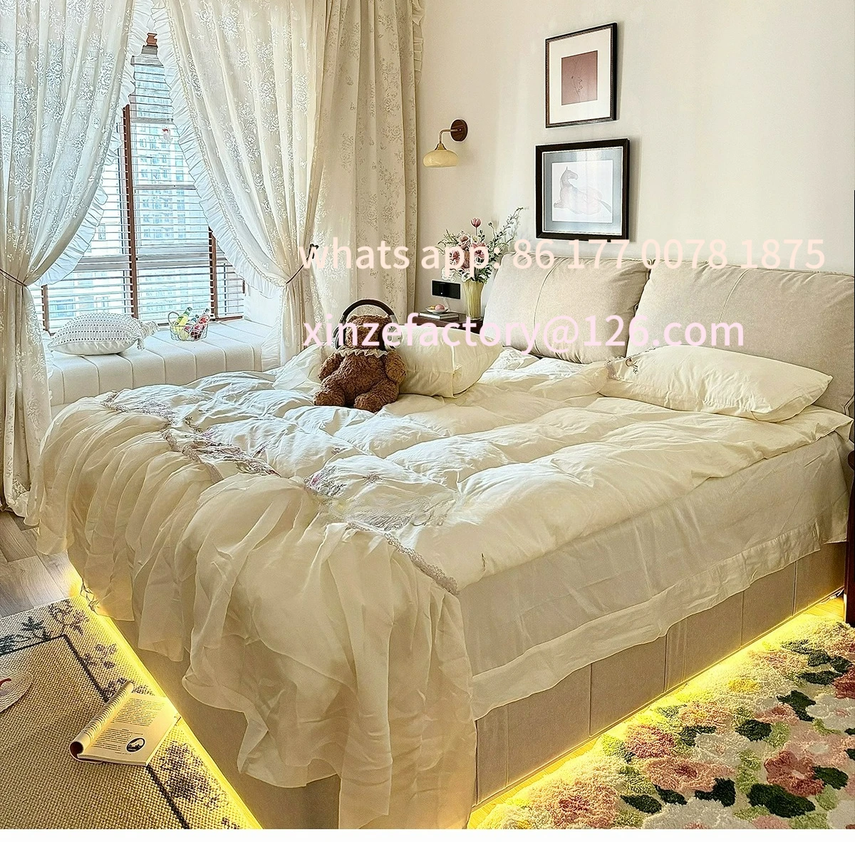 سرير قماشي للتخزين عبرية قابل للتخصيص، حقيبة ناعمة للرياح، غرفة نوم رئيسية مزدوجة مع درج تخزين، خزانة عالية