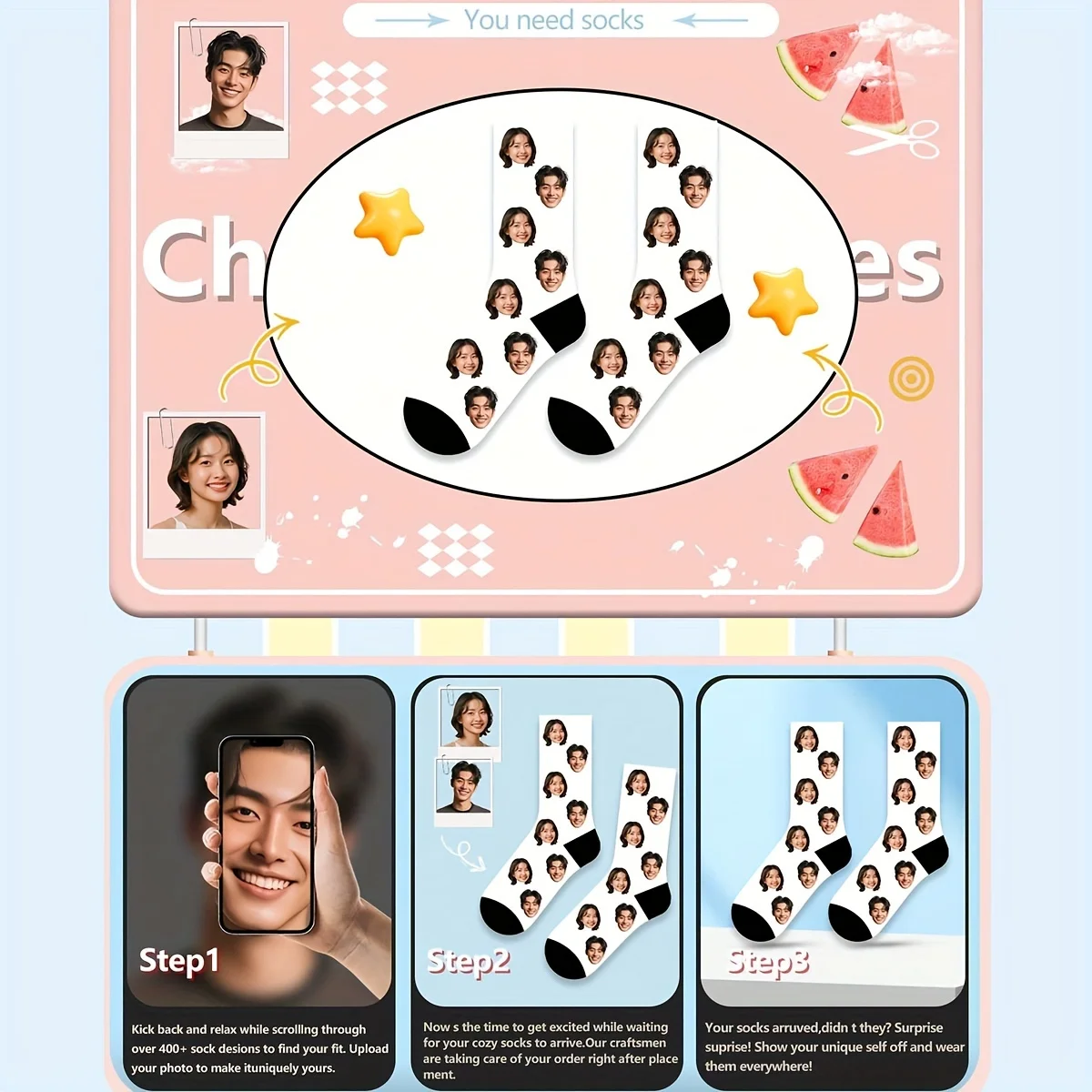 

1 pair (single and double packaging) personalized photo couple customized socks-socks with customizable head, printed with your