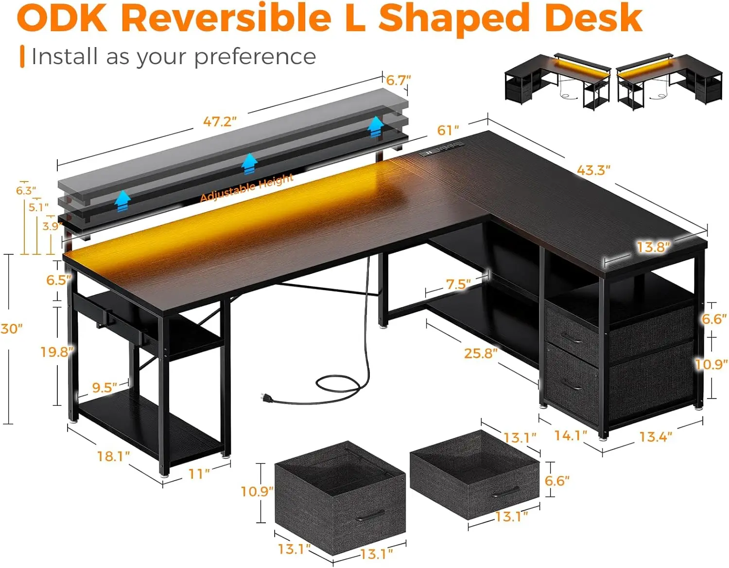 ODK L Shaped Gaming Desk with File Drawers, Reversible Computer Desk with Power Outlets & LED Lights, Home Office Desk with