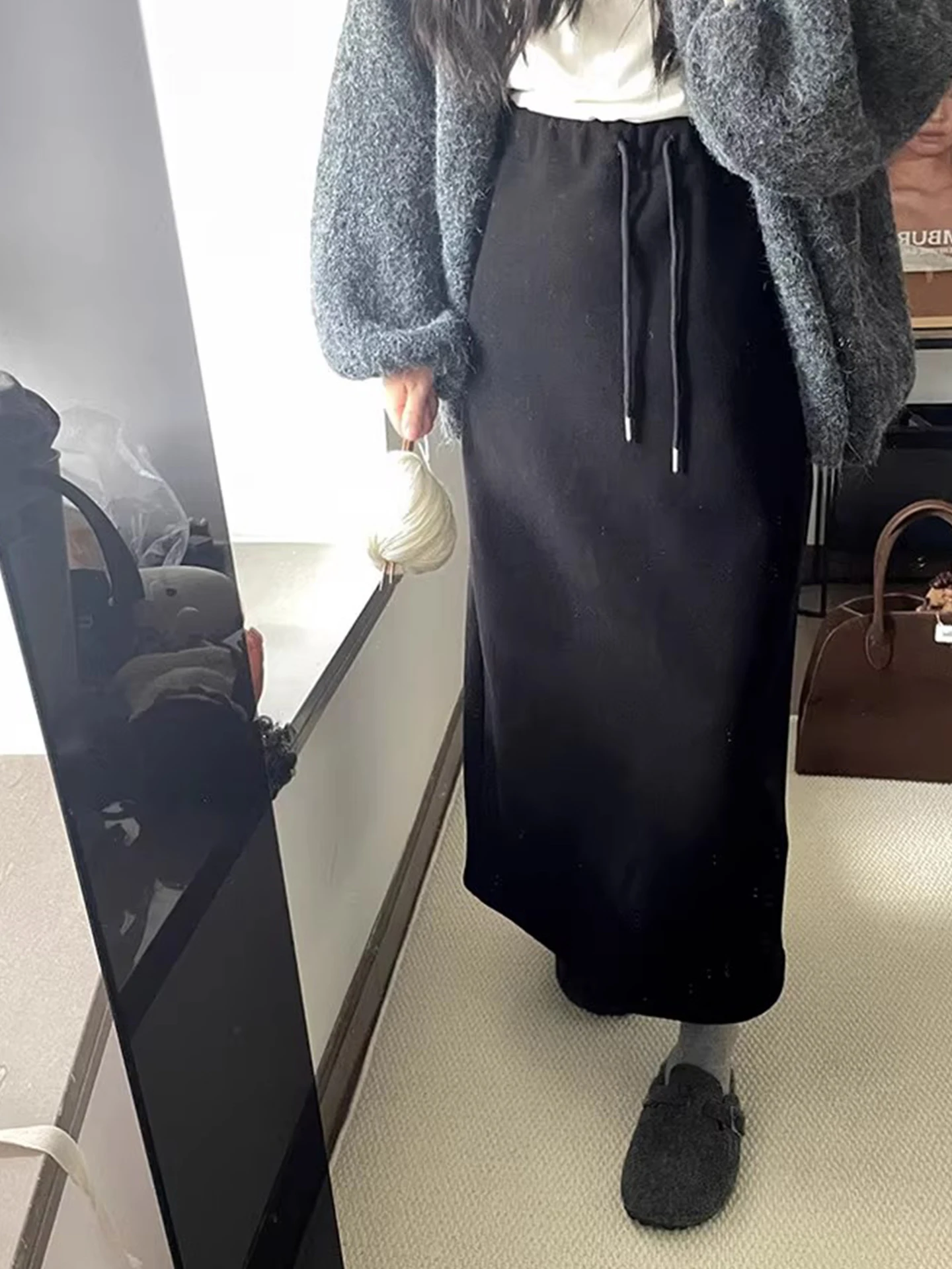 ay Simple Thiened Fce Dstring High Waist Slim Straight Tube Skirt Women's Autumn Winter Versatile Long Skirt