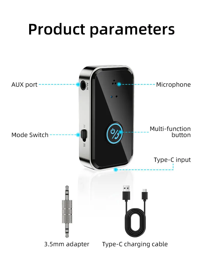 Bluetooth 5.4 Sender Empfänger 2 in 1 Wireless Audio für Auto Musik Kopfhörer Lautsprecher 3,5 mm Klinke AUX Wireless Audio Adapter – Detail 8