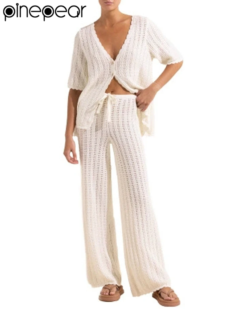 

PinePear Women's Summer 2 Piece Swimsuit Cover up Crochet Knit Cardigan Tops Long Pants Set Bathing Suit Beach Outfits 2025