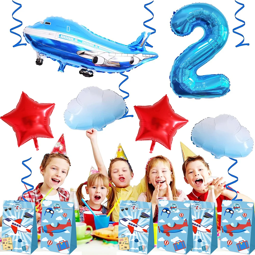 Big Airplane Foil Balloon Paper Goodie Bag 32In Number Balloon for Kids Boy Flight Aviator Birthday Party Decoration Gift Favors