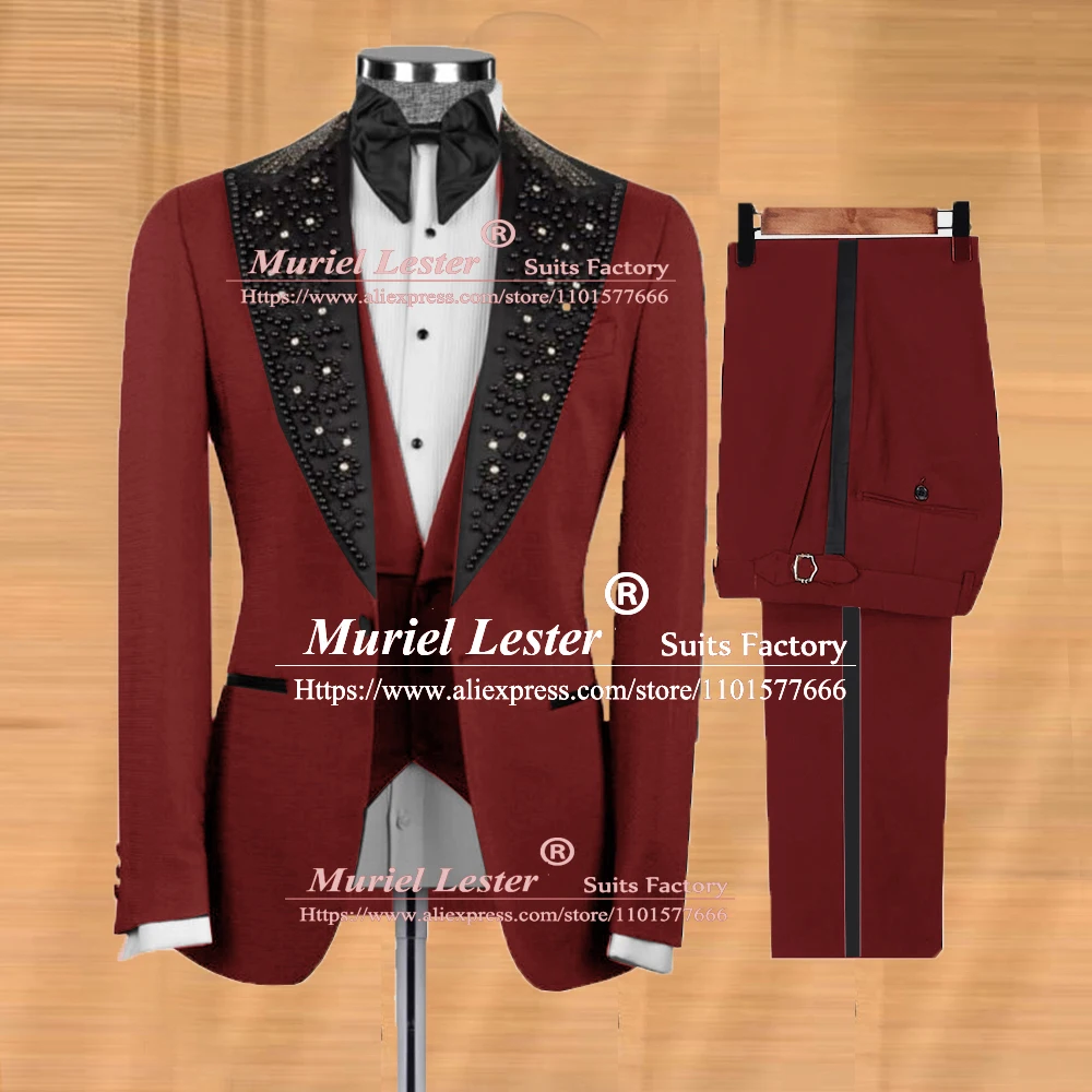 

Elegant Groom Wedding Suits Slim Fit Beaded Blazer Sets Formal Men Tuxedo Banquet Prom Party Male Fashion Clothes Tailroe Made