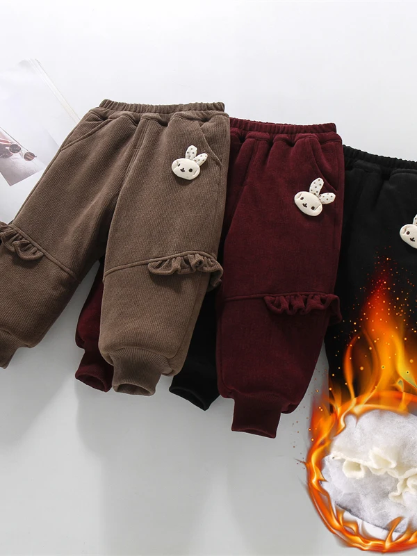 سراويل كاجوال مبطنة بالشتاء للفتيات، سراويل طويلة عالية الخصر، تصميم غير متماثل، مزيج قطني مريح للأطفال