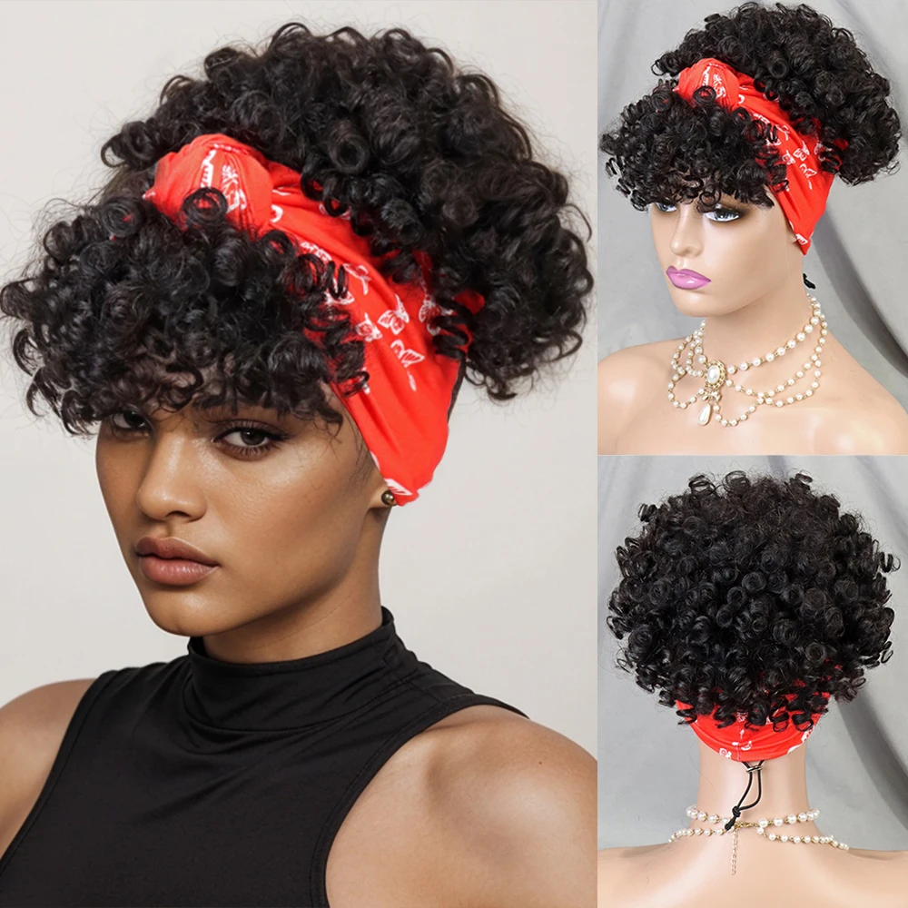 

6inch Short Curly Headband Wig 100% Human Hair Pixie Cut Wig Full Machine Wig Natural Color