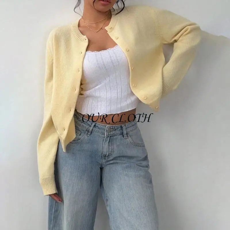 (Een stuk) Dames button-down mouwen ronde hals cropped vest trui schattige gebreide kleding Y1AC