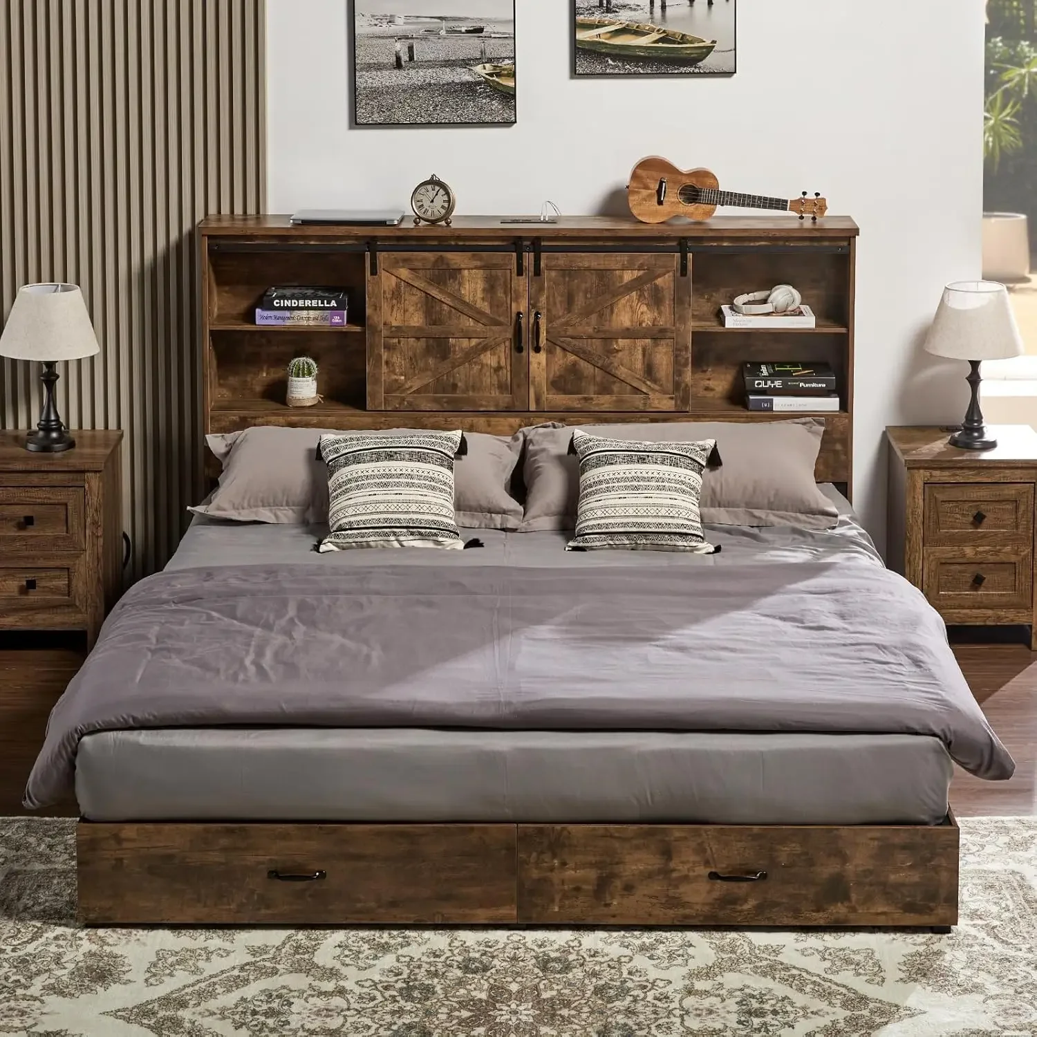 Bed Frame, Farmhouse Wooden Platform Storage Bed with 51.2