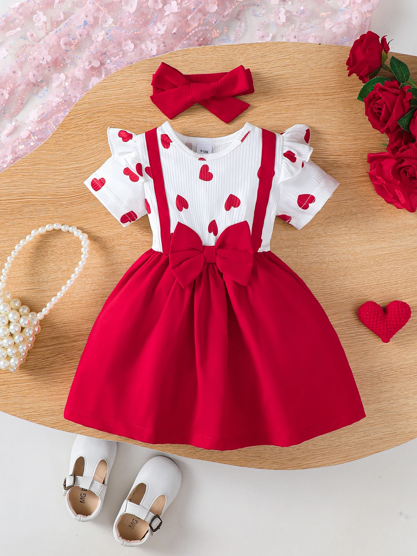 Conjunto de 2 piezas de moda de verano para bebé niña de 0 a 3 años: Vestido de manga corta con estampado de corazón rojo y lazo + diadema para ropa dulce de bebés y niños