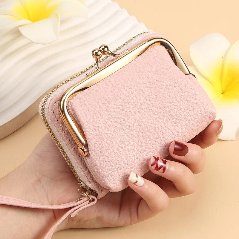 Simple and stylish short card bag Soft lychee print ladies cross-border zipper bag multi-slot wrist strap card bag