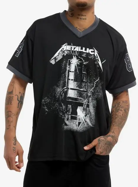 Metallica Hardwired 19 Mesh Unisex Baseball Jersey Schwarz Gestreifter Ärmel V-Ausschnitt Rockband Streetwear Sport-T-Shirt für Konzerte Unifo – Detail 3