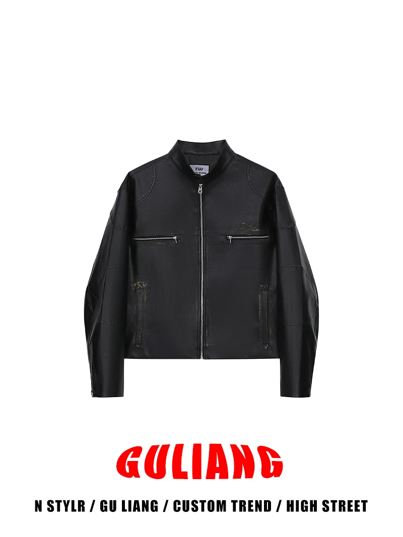 

Guliang American Sle Street Retro Color Blo ort Wide PU Leather Jaet ex Cleanfit Versatile ort Outerwear