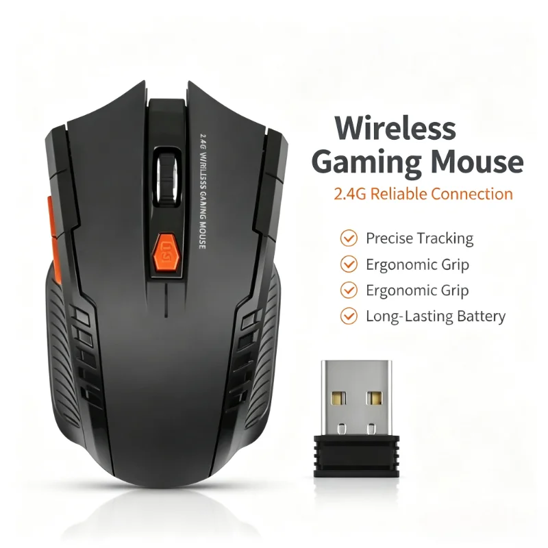 2.4G Rato de jogos sem fios, 6 botões, DPI ajustável, rato ótico para jogos, recetor USB, design ergonómico, rato para computador, para portátil e PC,