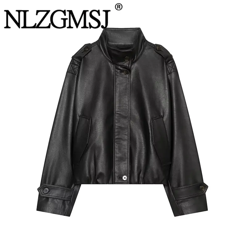 NLZGMSJ Casual Chic Bomber Jacket Solid Leather Button Turtleneck Pockets Long Sleeve Short Coats Fashion 2026 Autumn Coats