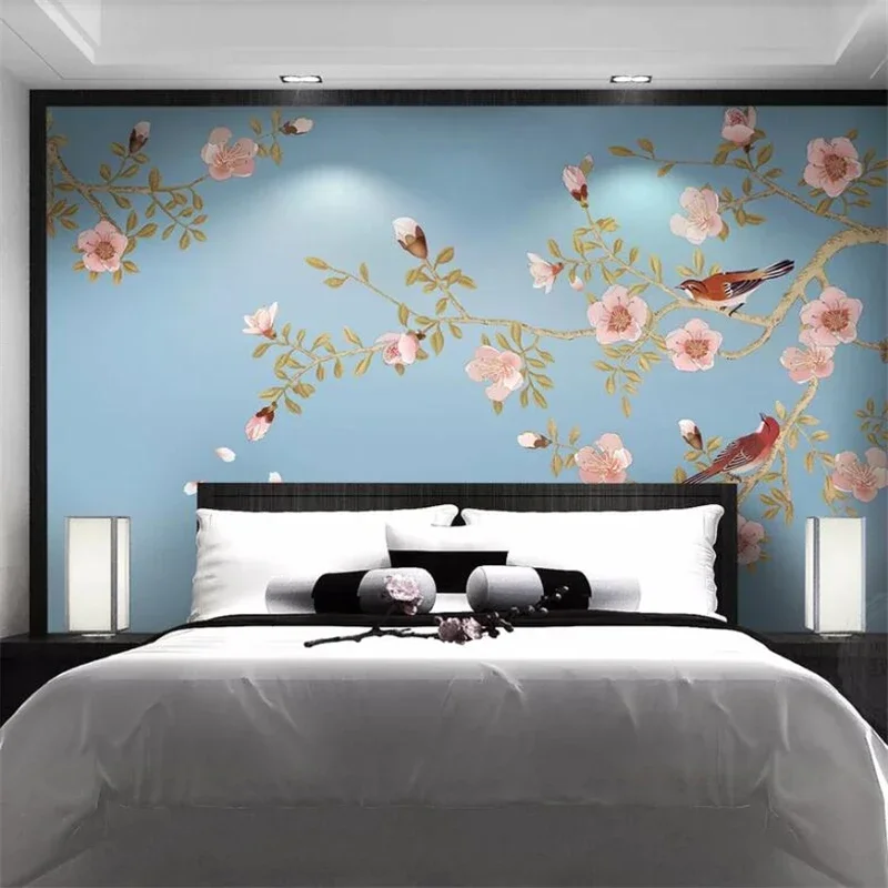 Custom wallpaper 3D murals new Chinese style elegant peach hand-painted pen flower bird mural TV background wall papel de parede