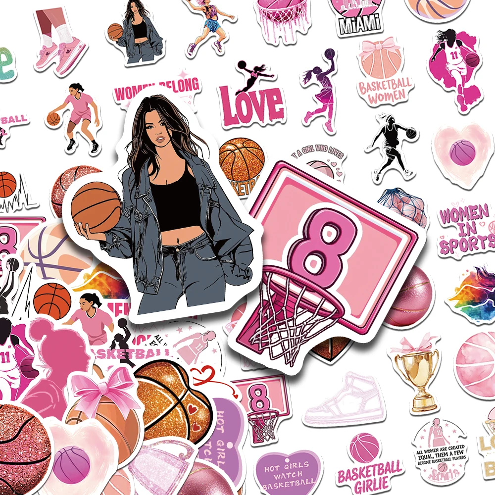 50pcs Pink Basketball Stickers Female Power Basketball Player Decals For Laptop Guitar Scrapbook Decoration Sticker DIY Gift