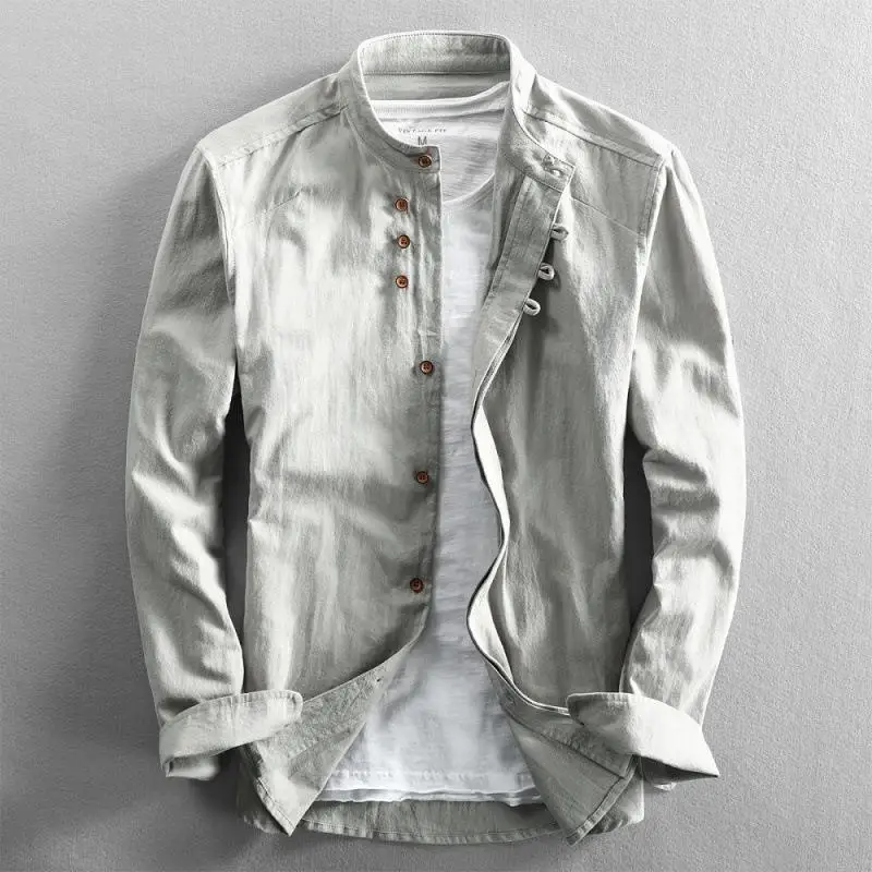 Men's Casual Linen Long Shirt Vintage Chinese Style S Thickened Fleece Autumn  Collar Nine-point Sleeve Special Wide Fit